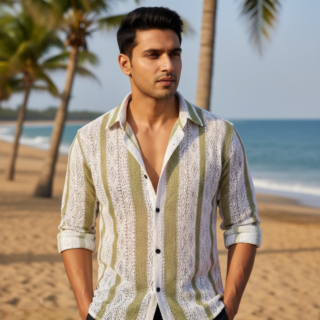 Men's Stylish Net Fabric Full Sleeve Shirt